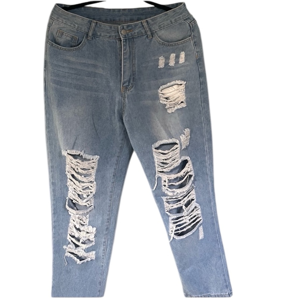 Distressed light wash mom jeans